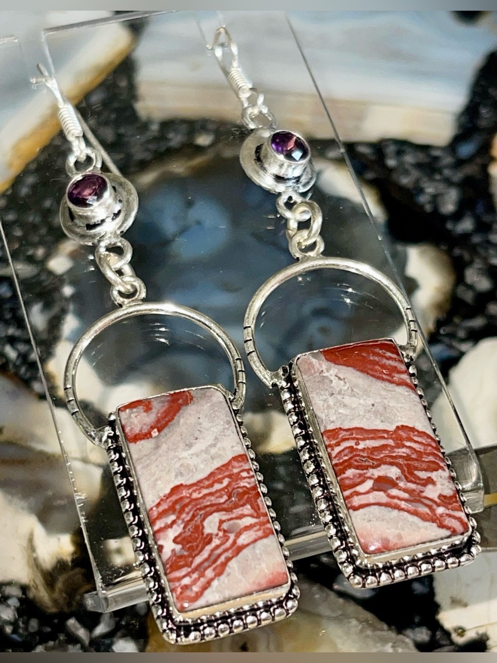 Jumbo Gray-Red-Brown Wave Dolomite Earrings 3 1/4”